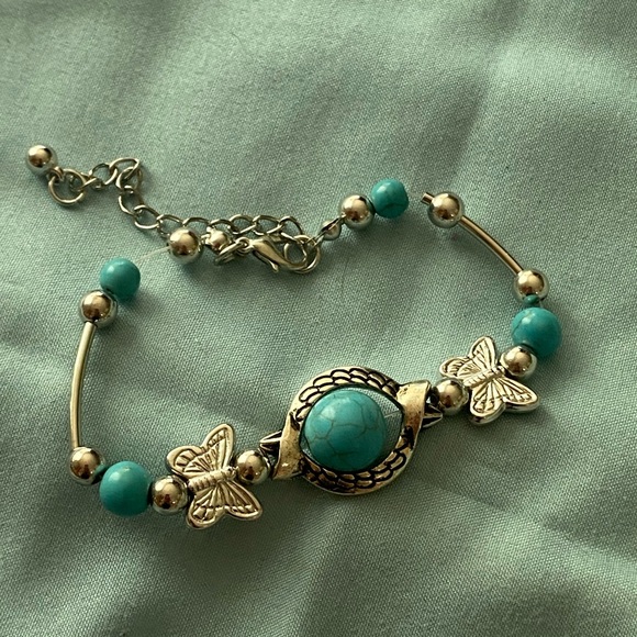 The Unbranded Brand Jewelry - 7.5” To 9.5” Silver Tone Chain Bracelet Butterfly Charms Turquoise Color Beads